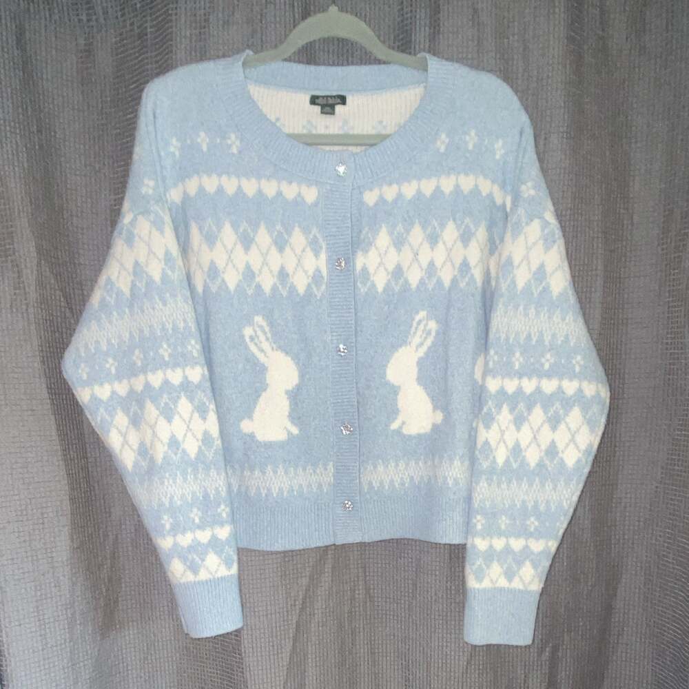 Wild Fable Women's Blue/White Bunny Argyle Knit Button Cardigan Sweater 2XL